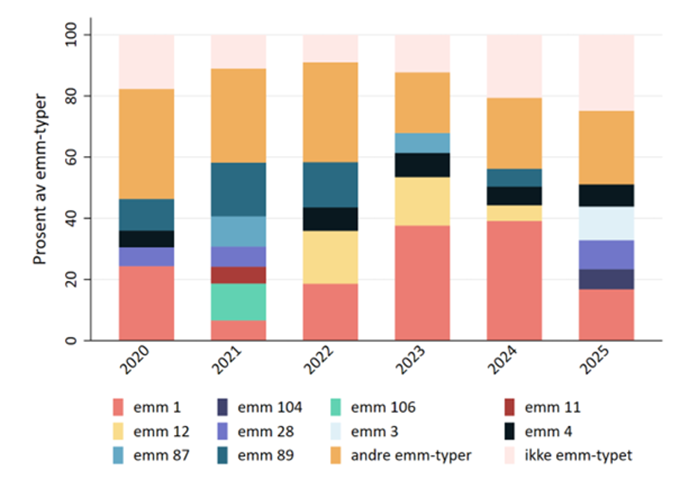 Figur 3: Andel av ulike emm-typer blant invasive gruppe A streptokokker i Norge 2020 – juni 2025.