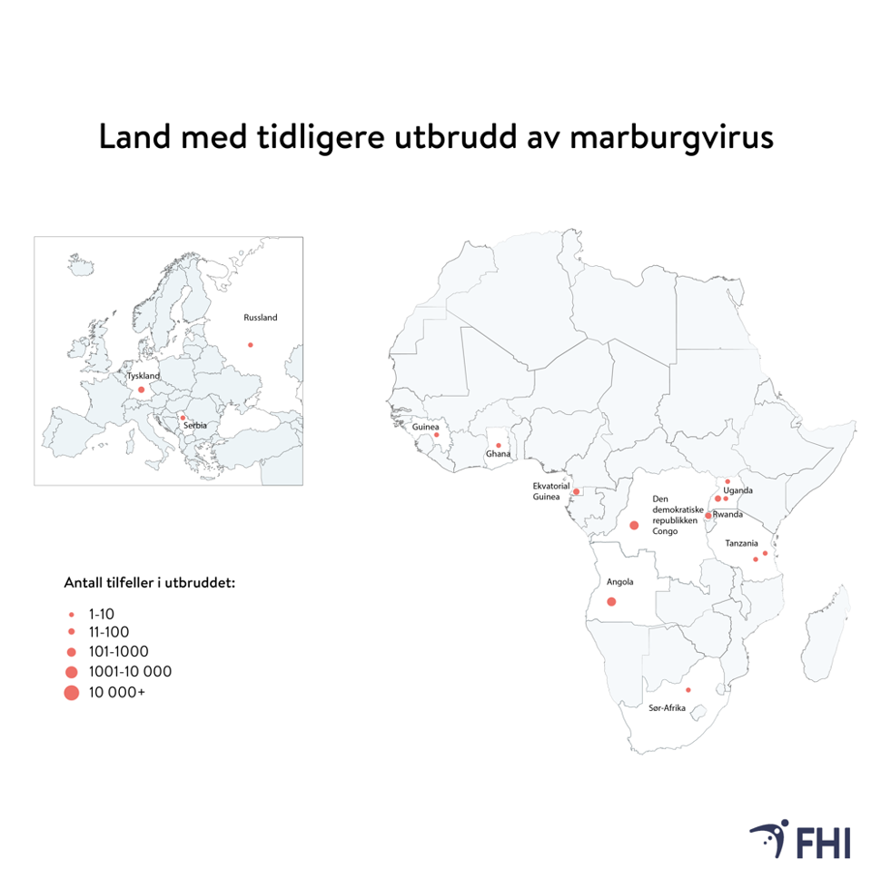 kart over land i afrika med tidligere utbrudd av marburgvirus