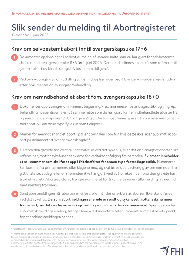 Skjermdump av plakat for hvordan sende melding til abortregisteret fra og med 1. juni 2025