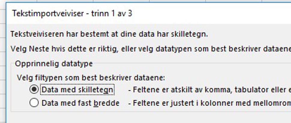 Tekstimportveiviser trinn 1 