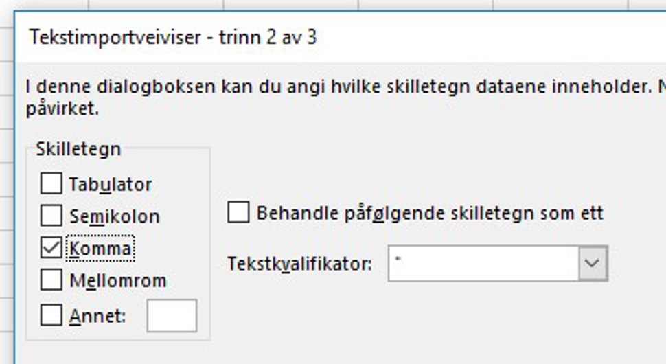 Tekstimportveiviser trinn 2 