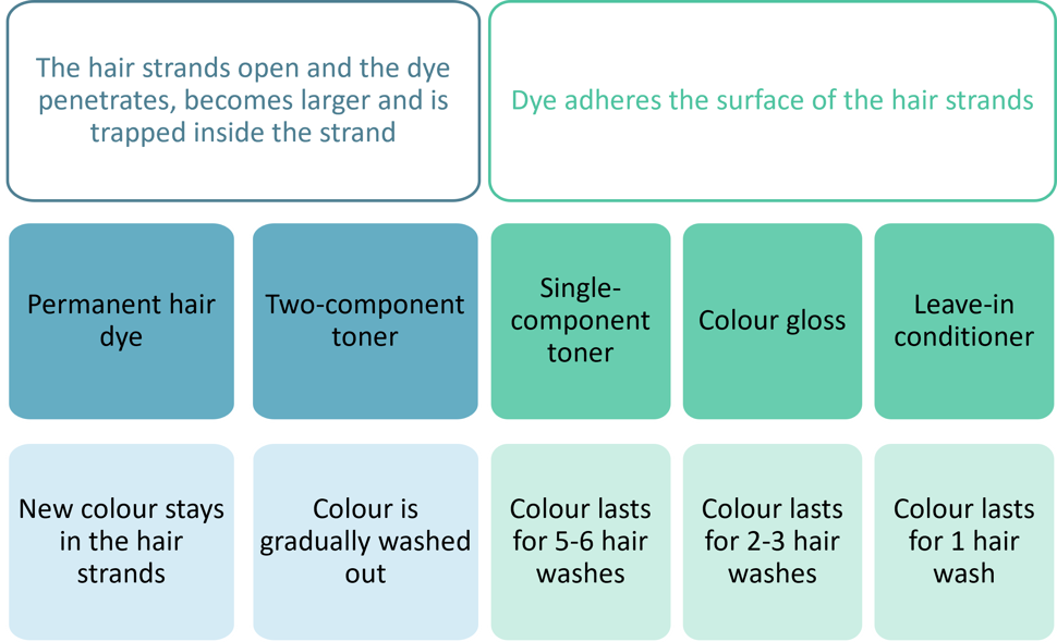 An overview showing how hair dye products can be divided into two main categories, according to how and for how long the hair colour stays in the hair. The first category is hair products where the hair strand opens and the dye penetrates, becomes larger and is trapped inside the strand. This is permanent hair dye and two-component toner. The second category is hair products where the dyes adhere to the surface of the hair strands. This is single-component toner, colour gloss and leave-in conditioner/hair treatment.