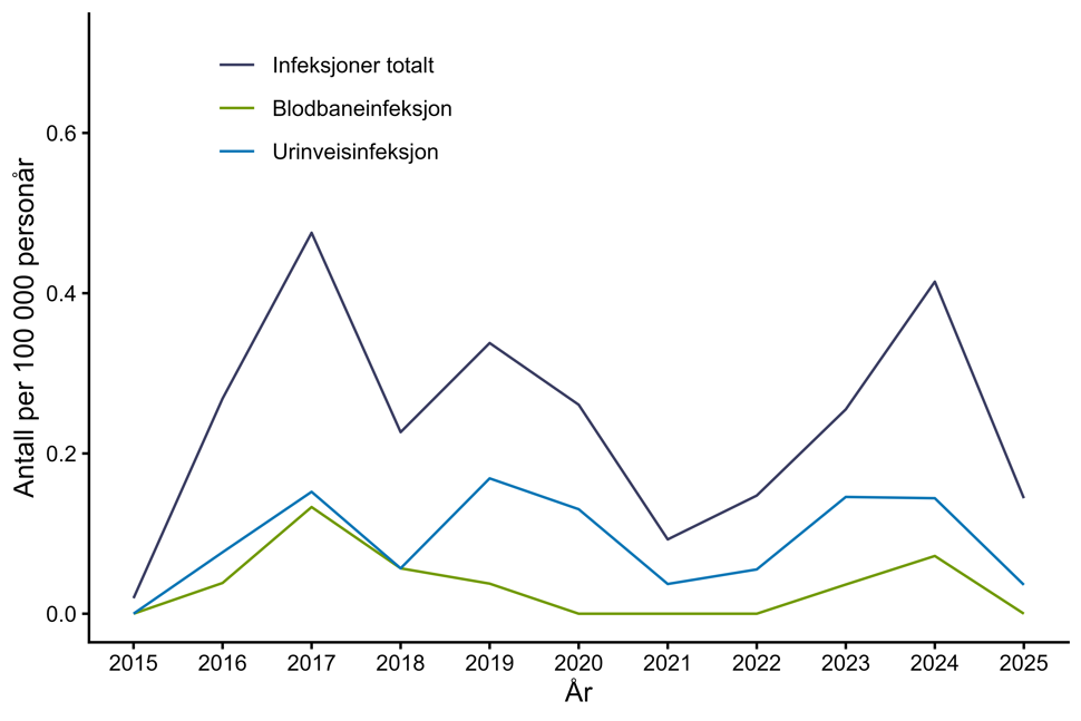 Figur 24. Antall personer per 100 000 personår med infeksjon med VRE meldt til MSIS i perioden 2015-2025 fordelt på urinveisinfeksjoner og blodbaneinfeksjoner. Kilde: MSIS, FHI.