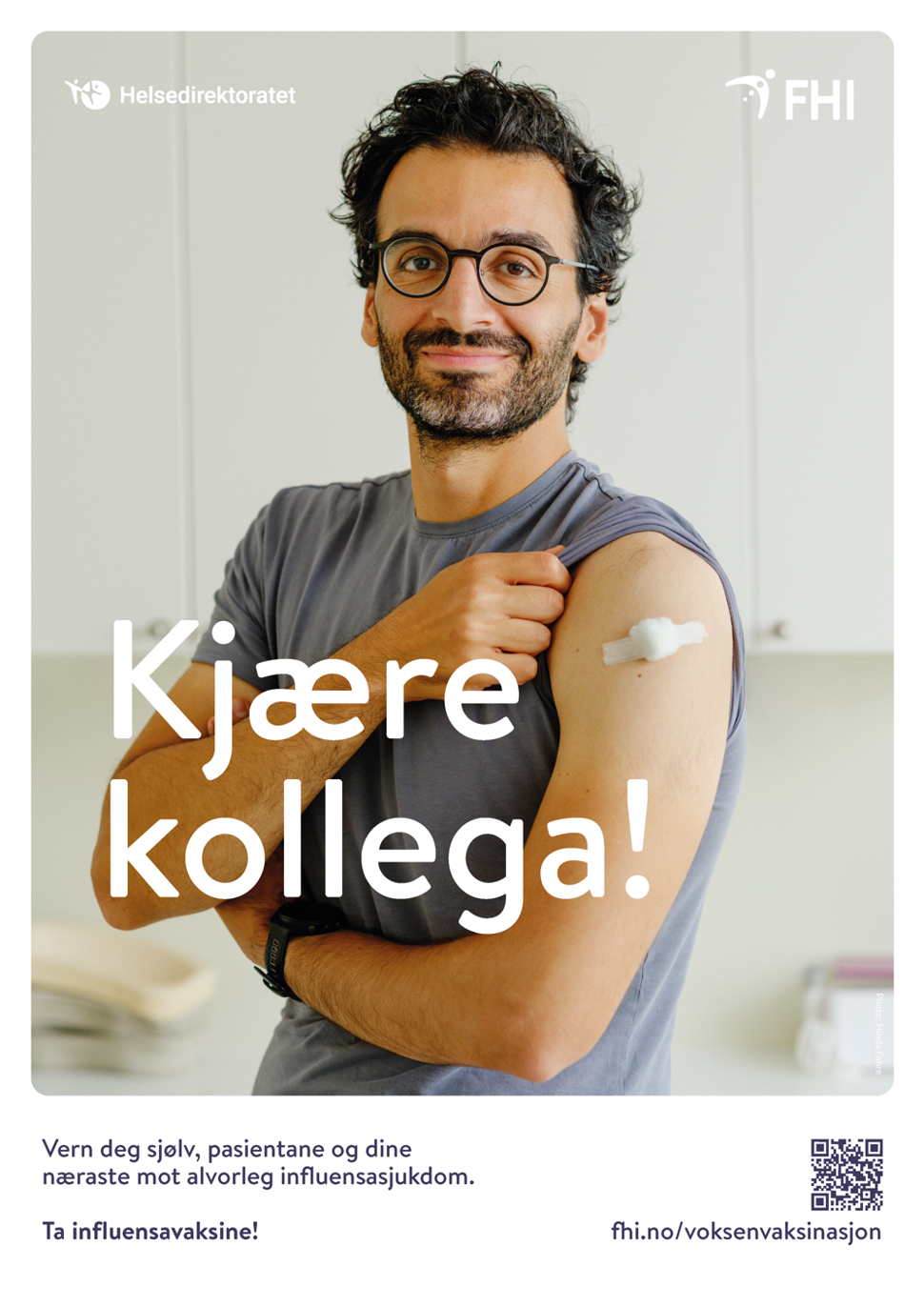 bilde av plakat av Kaveh Rashidi som oppfordrer helsepersonell til å ta influensavaksinen i år