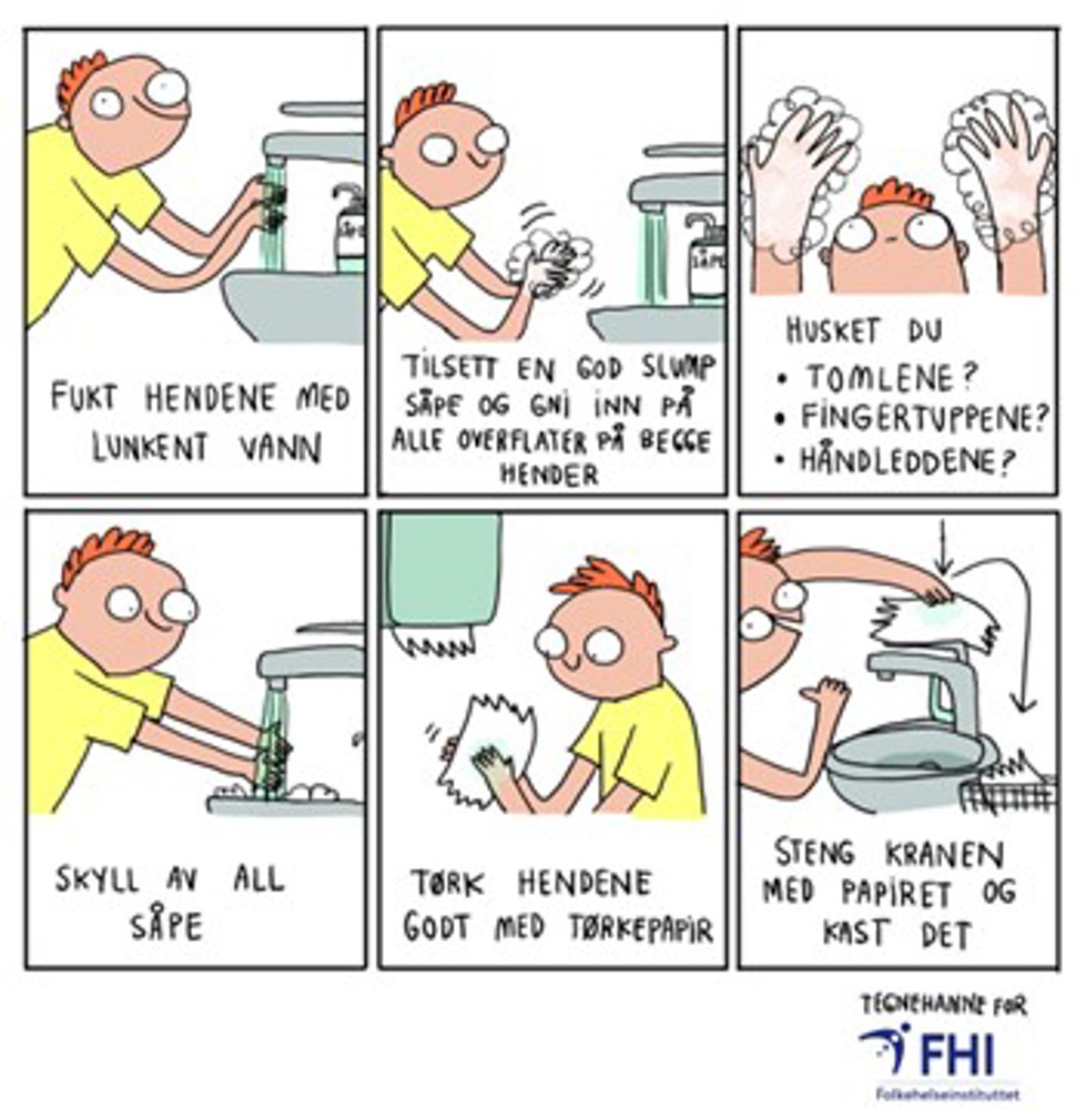 Tegnestripe som illustrerer korrekt håndvask