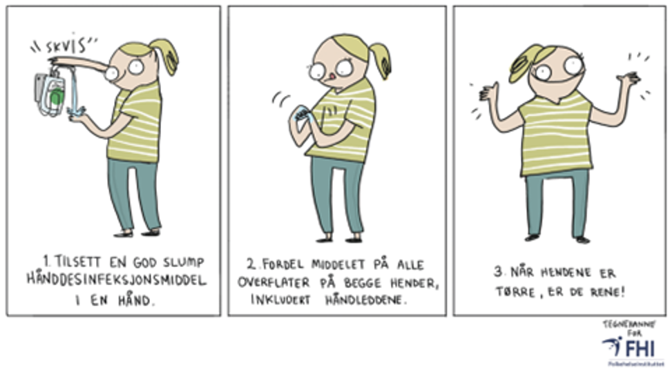 Tegneseriestripe som illustrerer korrekt hånddesinfeksjon