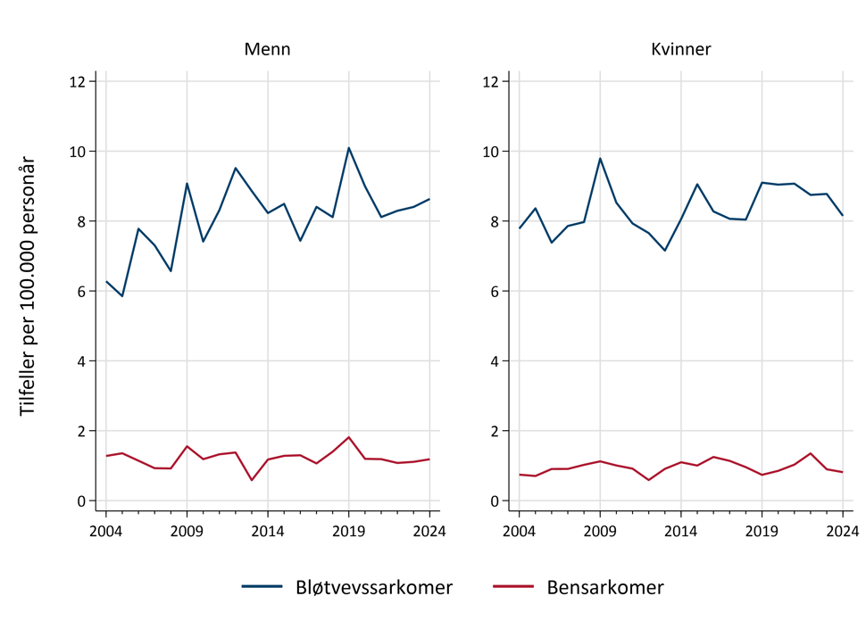 Insidens av sarkomtilfeller i perioden 2004-2024.