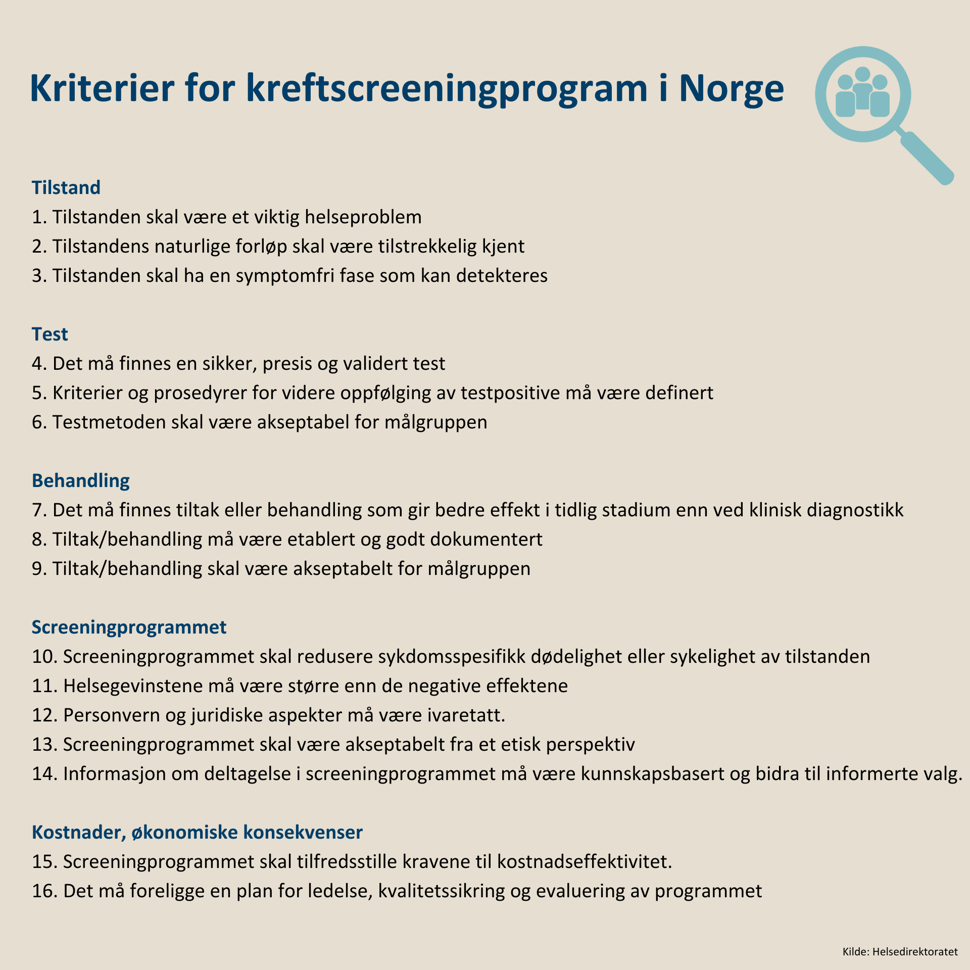 Oversikt over kriterier for Kreftscreeningprogram i Norge