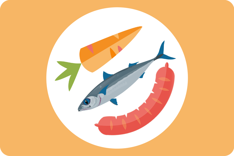 fisk, gulrot og pølse