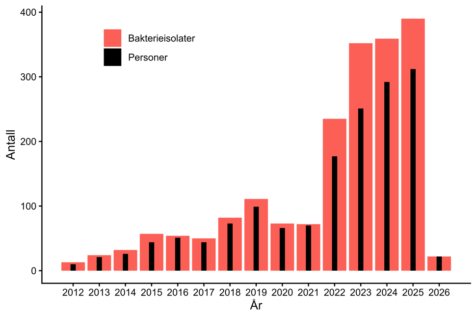 Figur 1. Antall personer og bakterieisolater med CPO meldt til MSIS i perioden 2012-01.02.2026. Kilde: MSIS, FHI.
