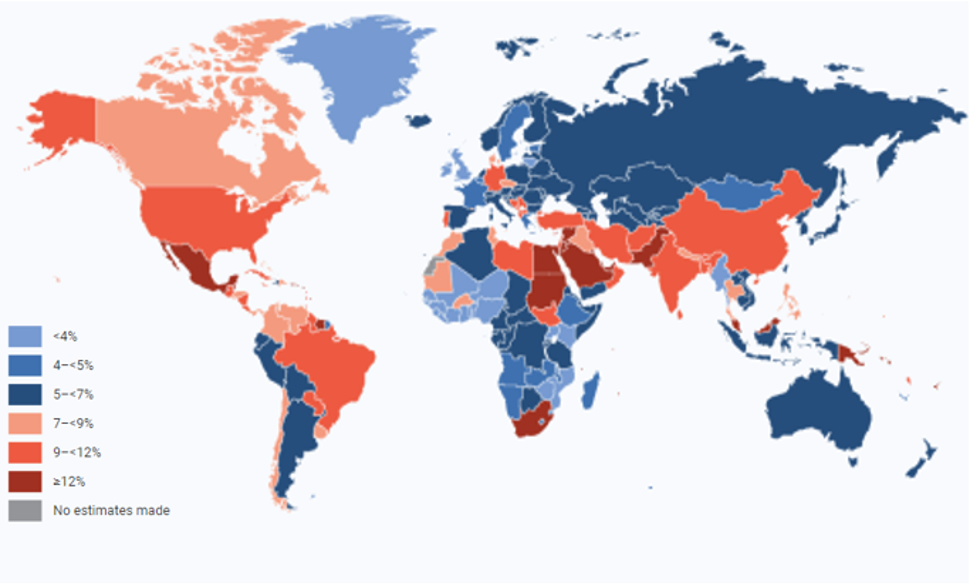Figur 5. Forekomsten av diabetes er høyest i noen arabiske land, Tyrkia, Mexico og øyer i Stillehavet, ifølge statistikken fra Diabetes Atlas. Tall for 2019, aldersgruppen 20-79 år, prosent. Kilde: Diabetes Atlas. 