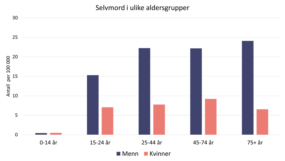 Selvmord i ulike aldersgrupper, søylediagram etter antall selvmord per 100 000