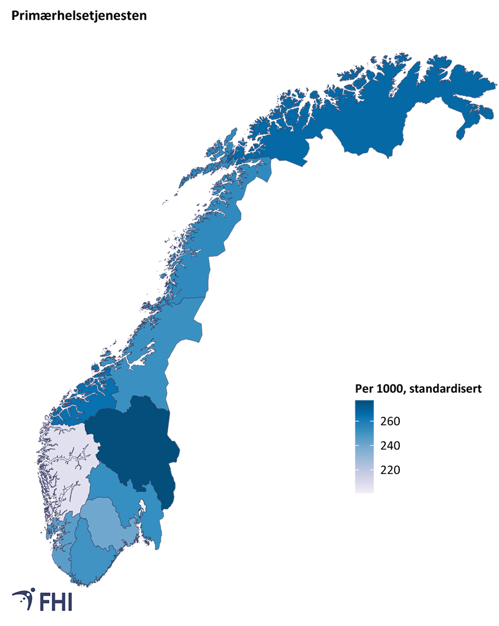 Figur 3a: Bruk av primærhelsetjenesten for tilstander knyttet til muskel- og skjelettsystemet, variasjon mellom fylkene, 2019. Kilde: Kontroll og Utbetaling av HelseRefusjon (KUHR)/Norgeshelsa statistikkbank 