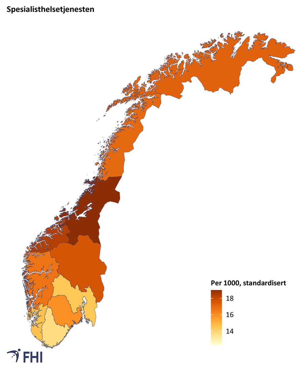 Figur 3b: Bruk av spesialisthelsetjenesten for tilstander knyttet til muskel- og skjelettsystemet, variasjon mellom fylkene, 2019. Kilde: Kontroll og Utbetaling av HelseRefusjon (KUHR)/Norgeshelsa statistikkbank 