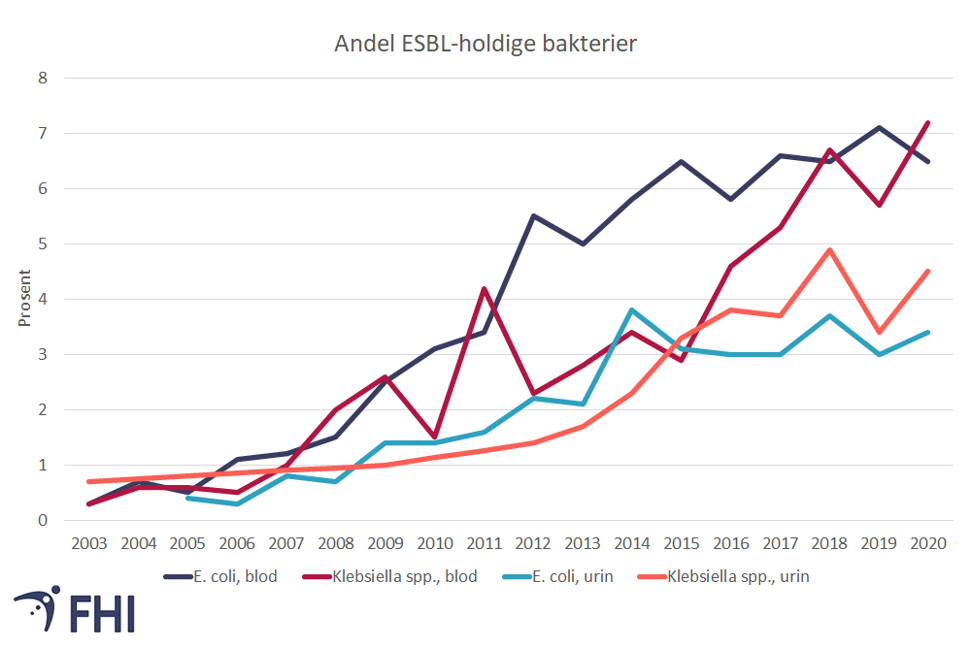 Figur 4. Andel ESBL-positive E. coli  og Klebsiella spp i blod og urin. Kilde: NORM/NORM-VET, 2021 