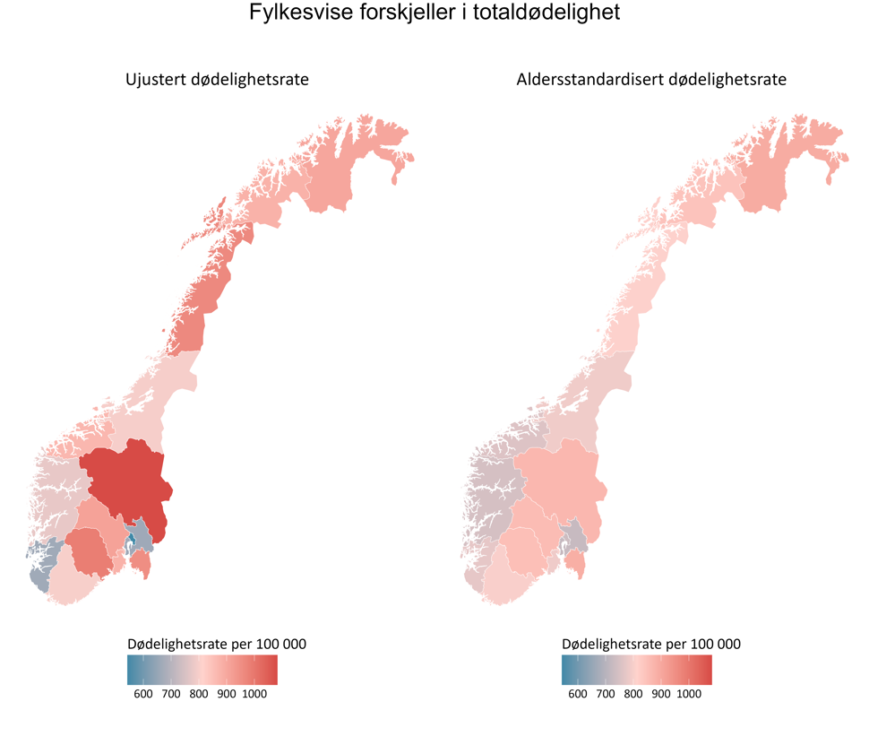 Dødelighet i ulike fylker, figur av to kart uten og med aldersstandardisering