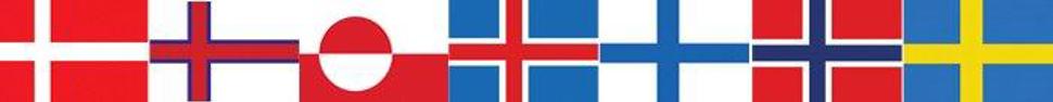 Logo med flagg fra Danmark, Norge, Sverige, Island, Finland, Færøyene og Grønland